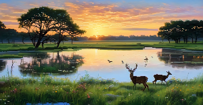A peaceful Texas state park at sunrise with deer grazing and birds flying in a colorful sky.