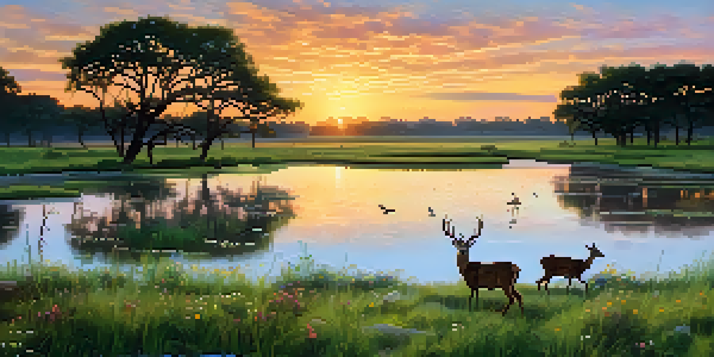 A peaceful Texas state park at sunrise with deer grazing and birds flying in a colorful sky.