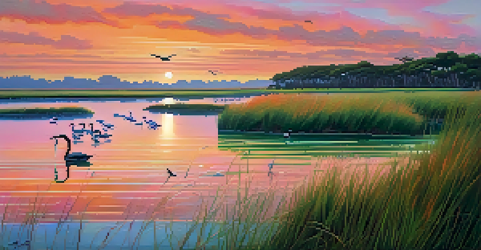A picturesque scene of a Texas coastal habitat at sunrise, showcasing seagrass beds and flying migratory birds.