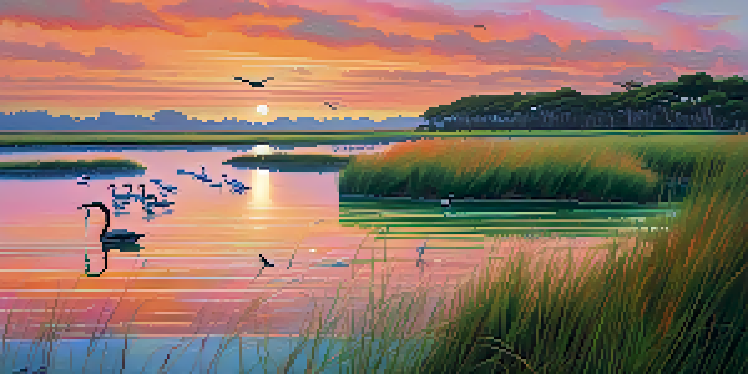 A picturesque scene of a Texas coastal habitat at sunrise, showcasing seagrass beds and flying migratory birds.
