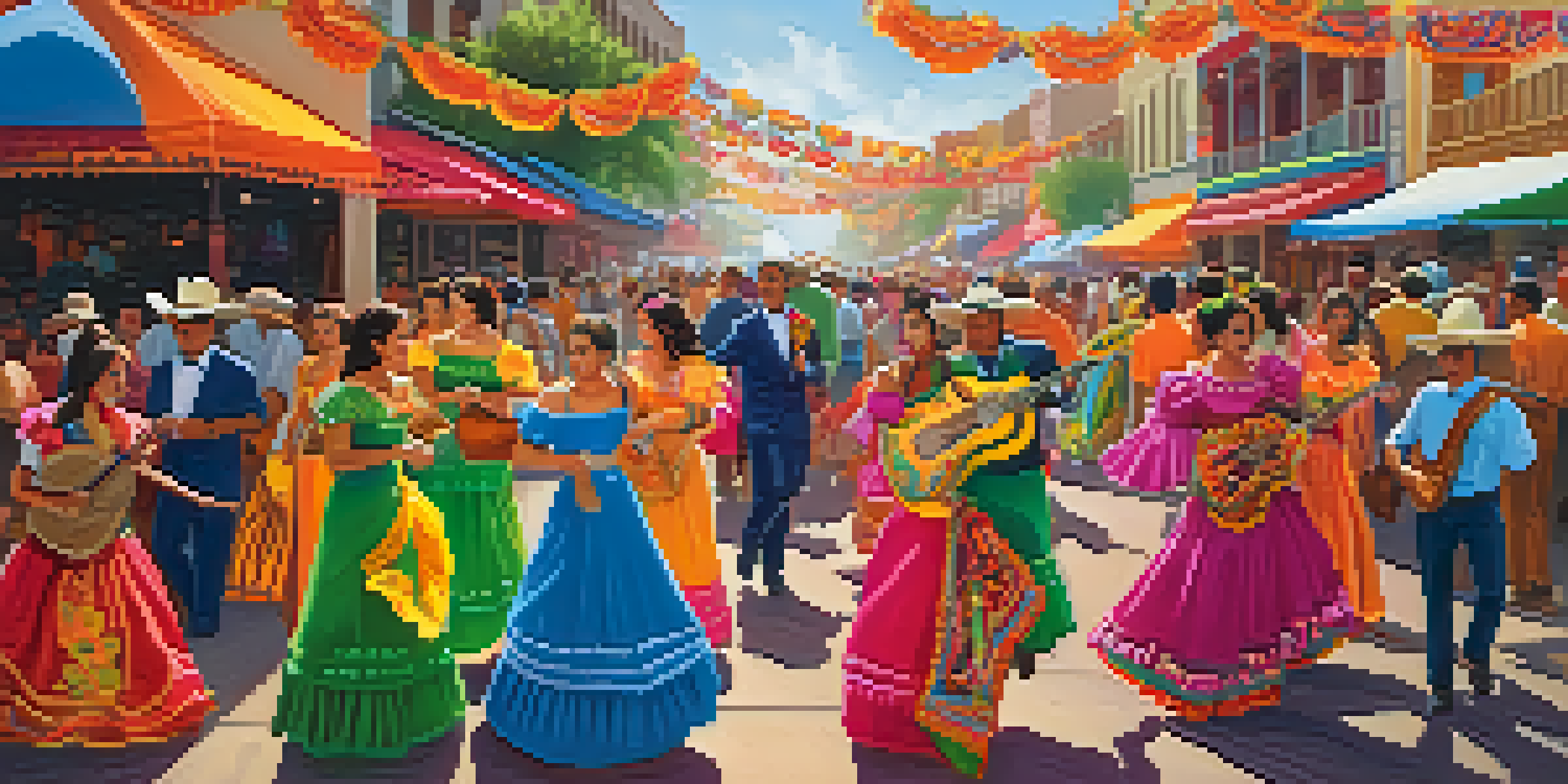 A lively festival scene in Texas featuring mariachi musicians and folk dancers in colorful costumes, with vibrant decorations and food stalls around.