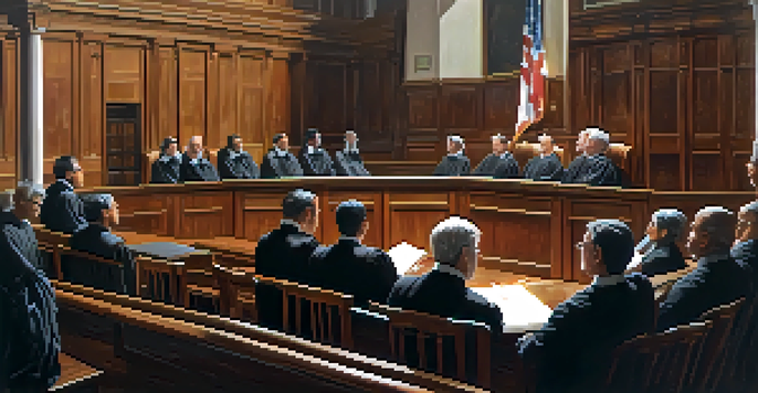 A diverse jury in a courtroom attentively listening to a judge, with natural light illuminating the space.