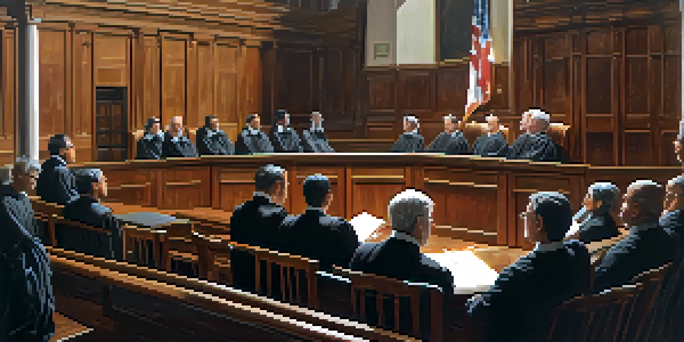 A diverse jury in a courtroom attentively listening to a judge, with natural light illuminating the space.
