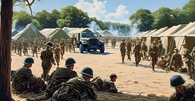 A military training camp in Texas with soldiers training under a clear blue sky, featuring tents and vehicles.