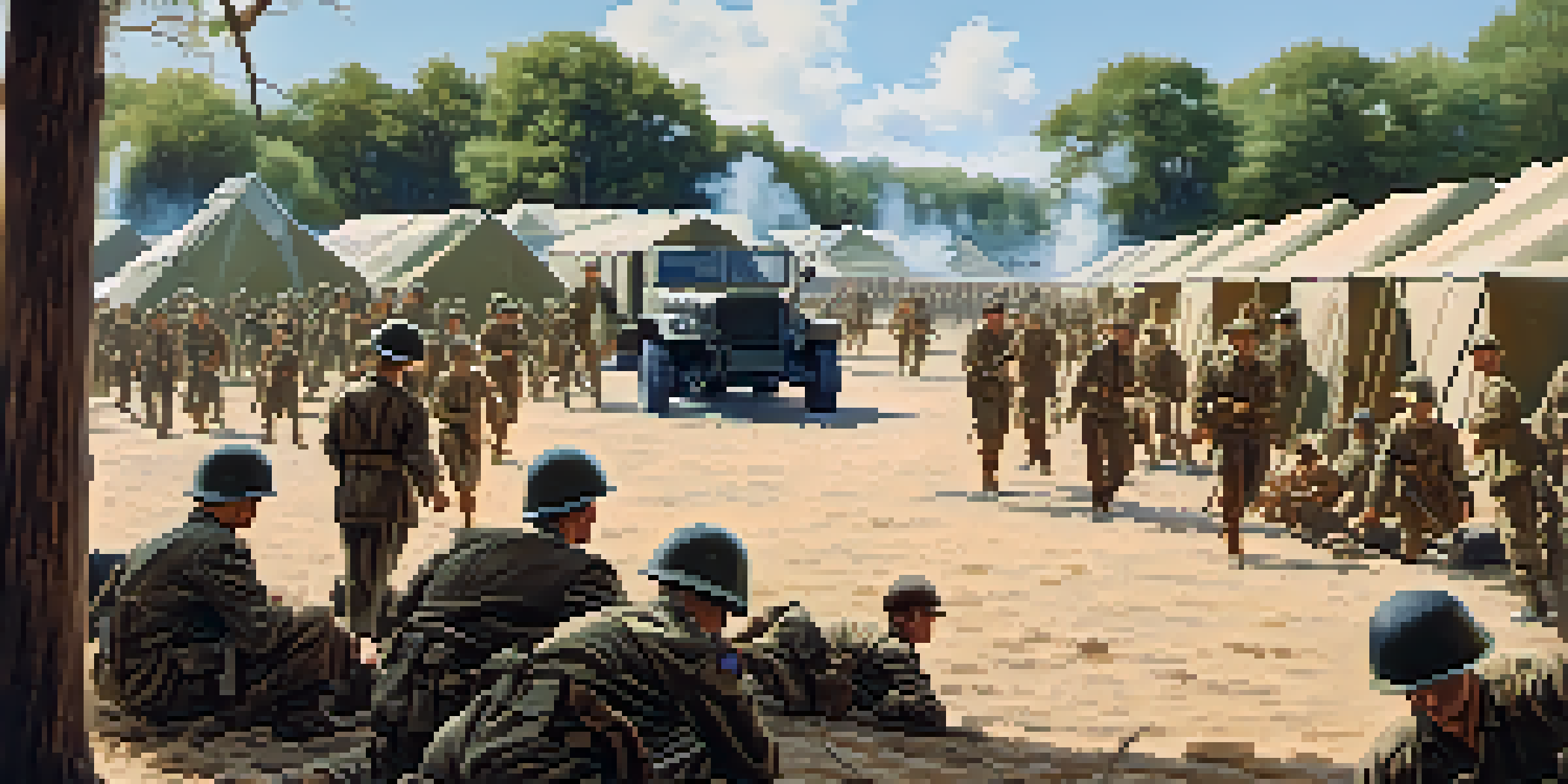 A military training camp in Texas with soldiers training under a clear blue sky, featuring tents and vehicles.