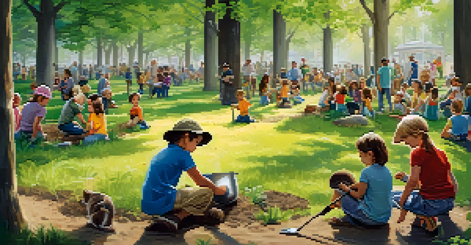 Families participating in a tree-planting event in a park, surrounded by greenery and a banner for wildlife conservation.