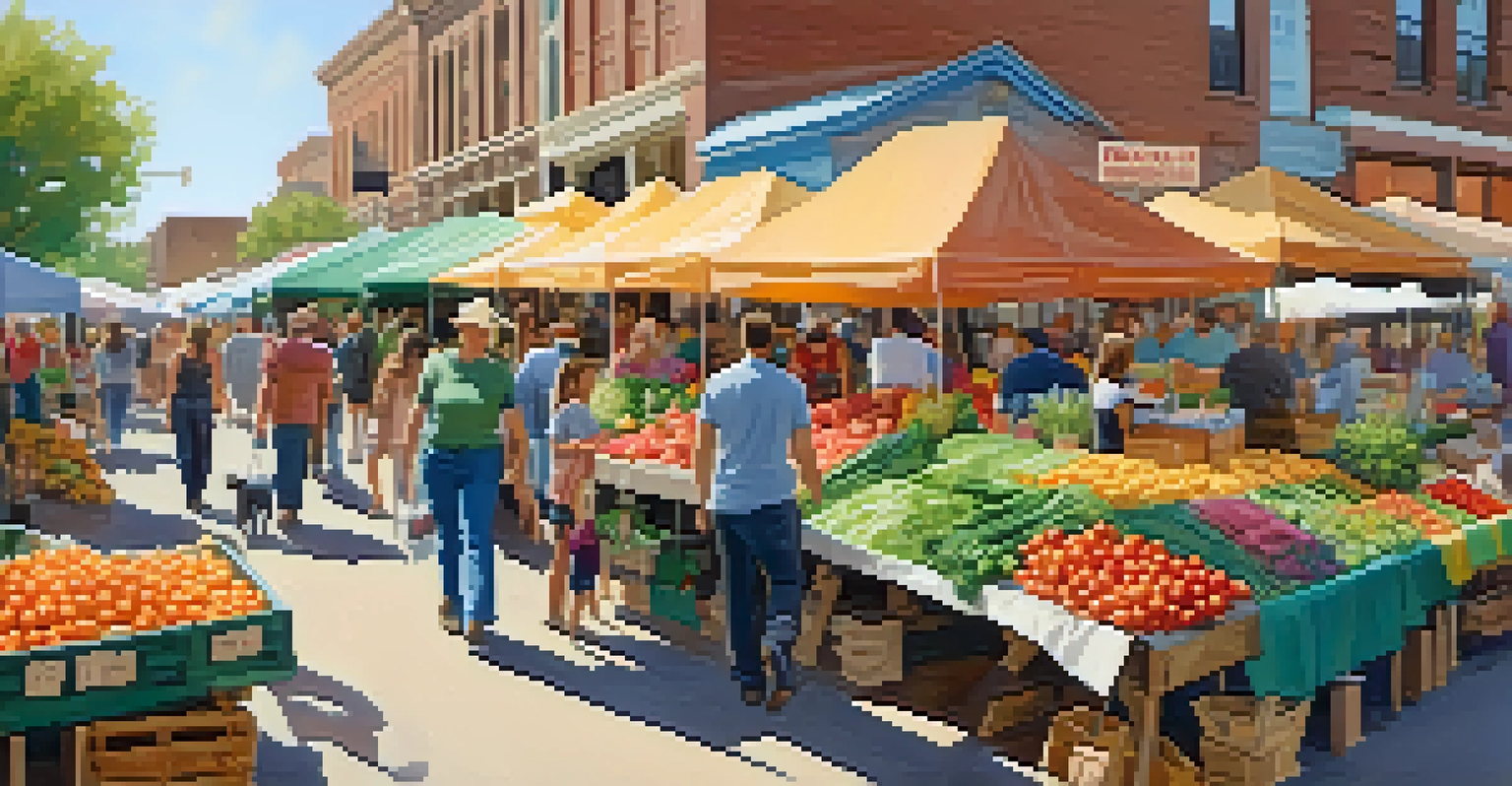 A vibrant farmers market in Texas featuring colorful stalls with fresh produce and flowers, shoppers interacting with vendors, and children playing in the sun.