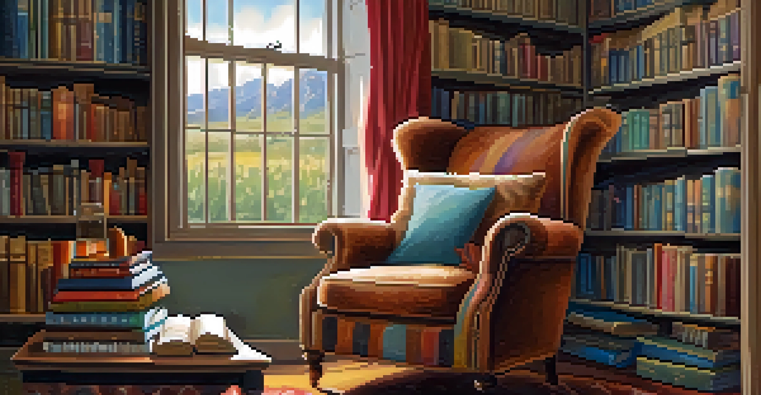 A cozy reading nook with books on Texas literature, a vintage armchair, and a cup of coffee.