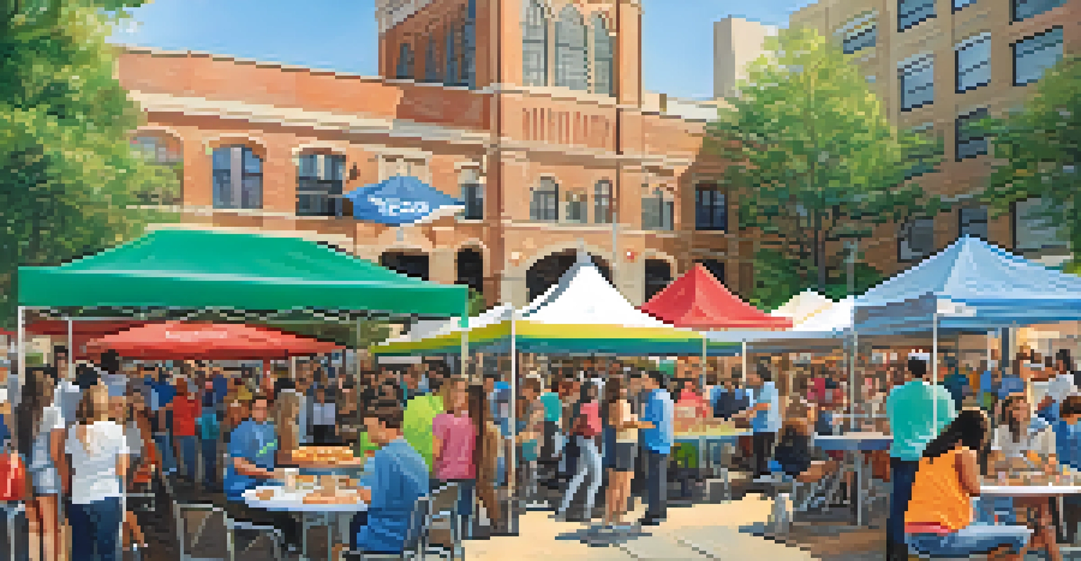 A lively community event at a Texas university with local businesses and students interacting at colorful booths, promoting education and engagement.