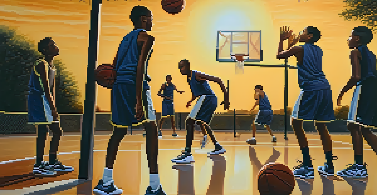 Young diverse basketball players practicing on an outdoor court in Texas during sunset, with coaches guiding them.