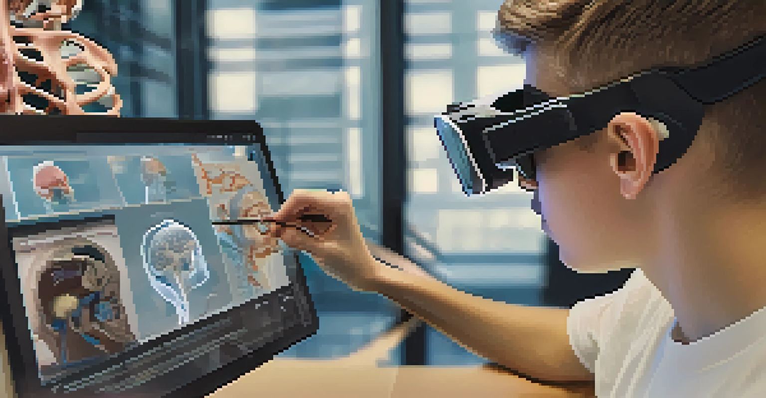A student using augmented reality glasses to interact with virtual 3D models in a study room filled with books and technology.