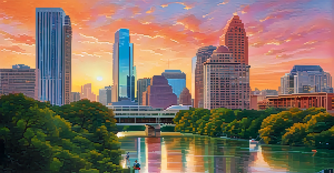 A scenic view of Austin, Texas, with modern buildings and a sunset sky reflecting on the water.
