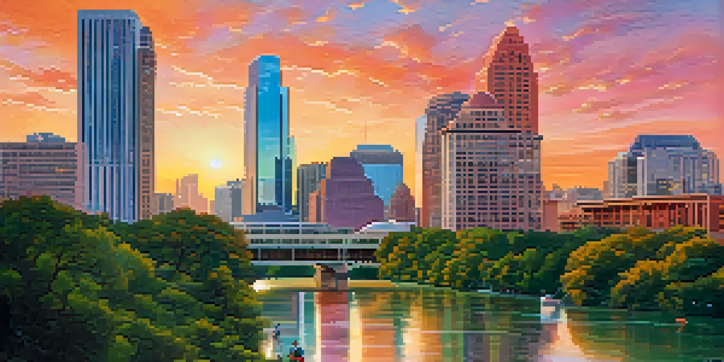 A scenic view of Austin, Texas, with modern buildings and a sunset sky reflecting on the water.