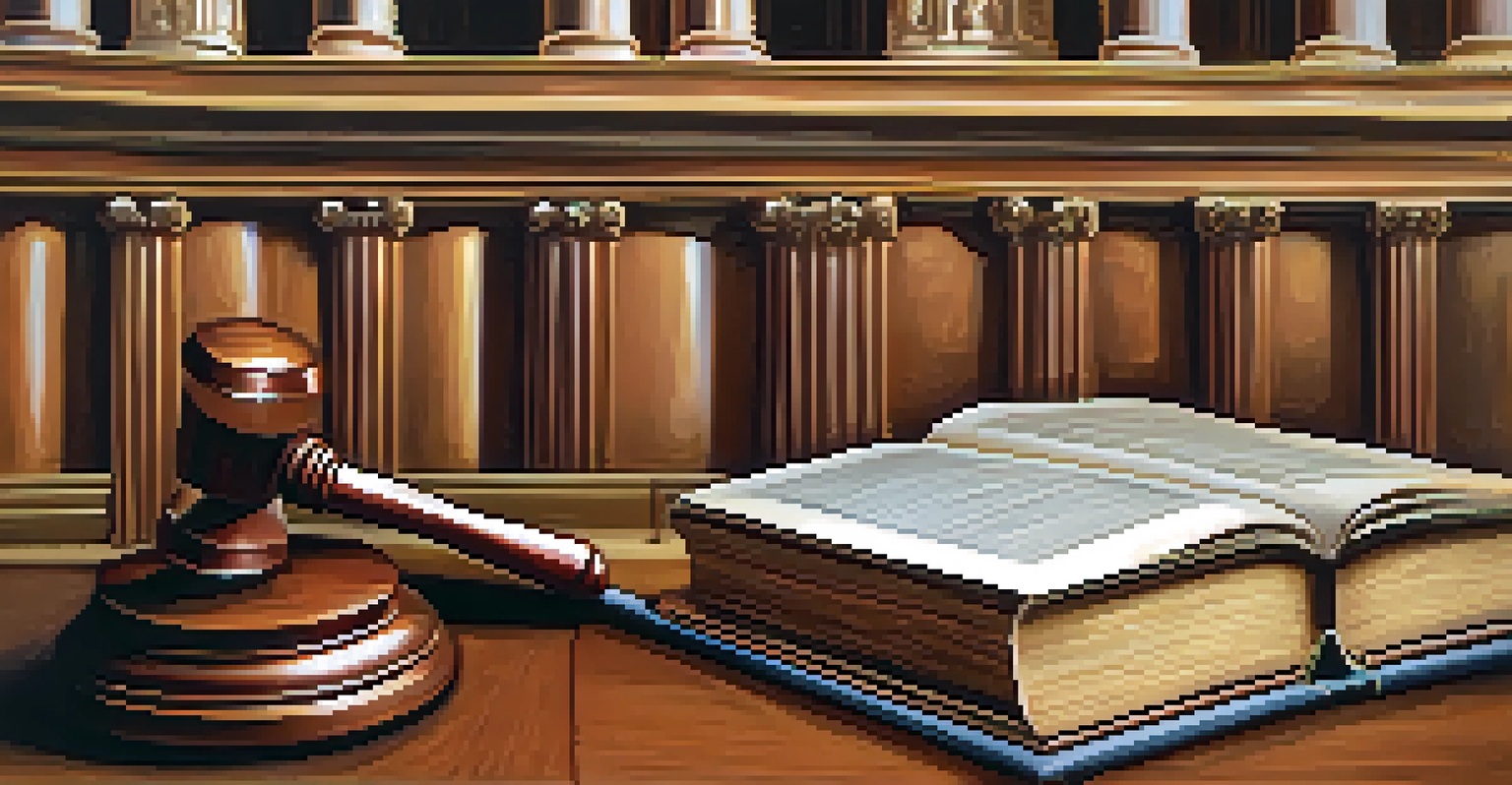 A close-up of a gavel on a legal book, with a courthouse in the blurred background.