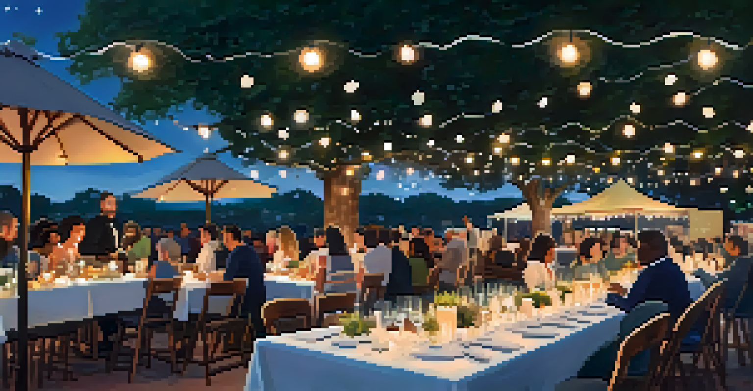 A cozy outdoor dining scene at the Austin Food + Wine Festival, featuring chefs preparing dishes and a beautifully set table with local ingredients and wine.