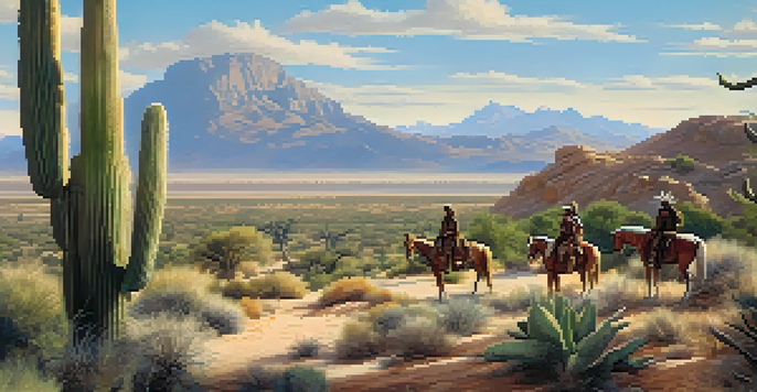 A landscape showing Spanish explorers on horseback in Texas, with cacti in the foreground and Native Americans observing from a distance.