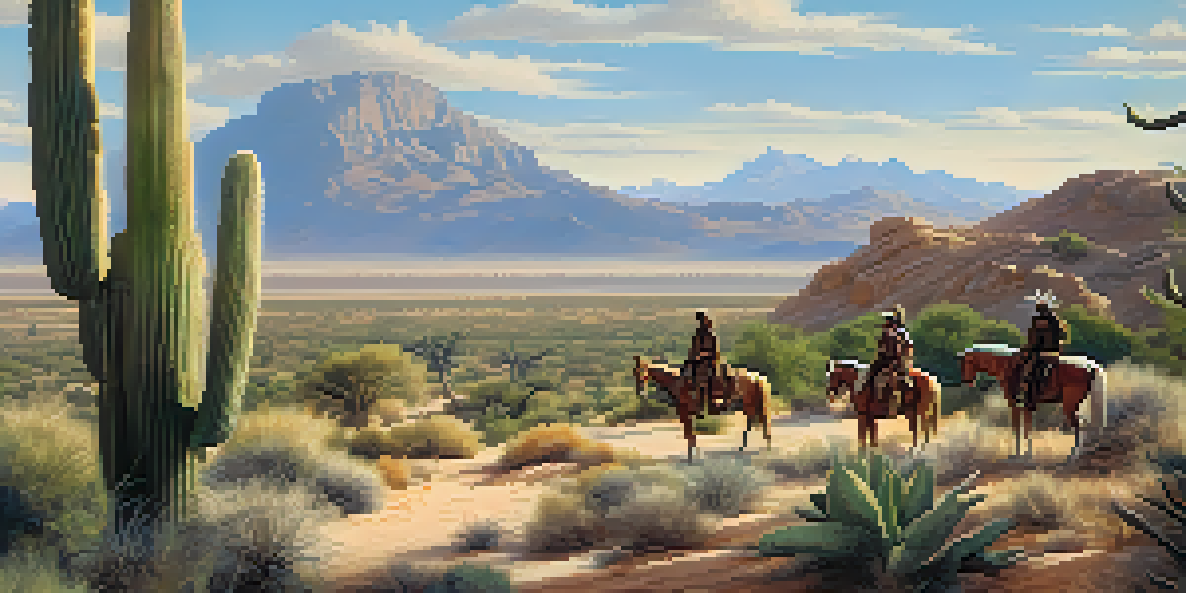A landscape showing Spanish explorers on horseback in Texas, with cacti in the foreground and Native Americans observing from a distance.