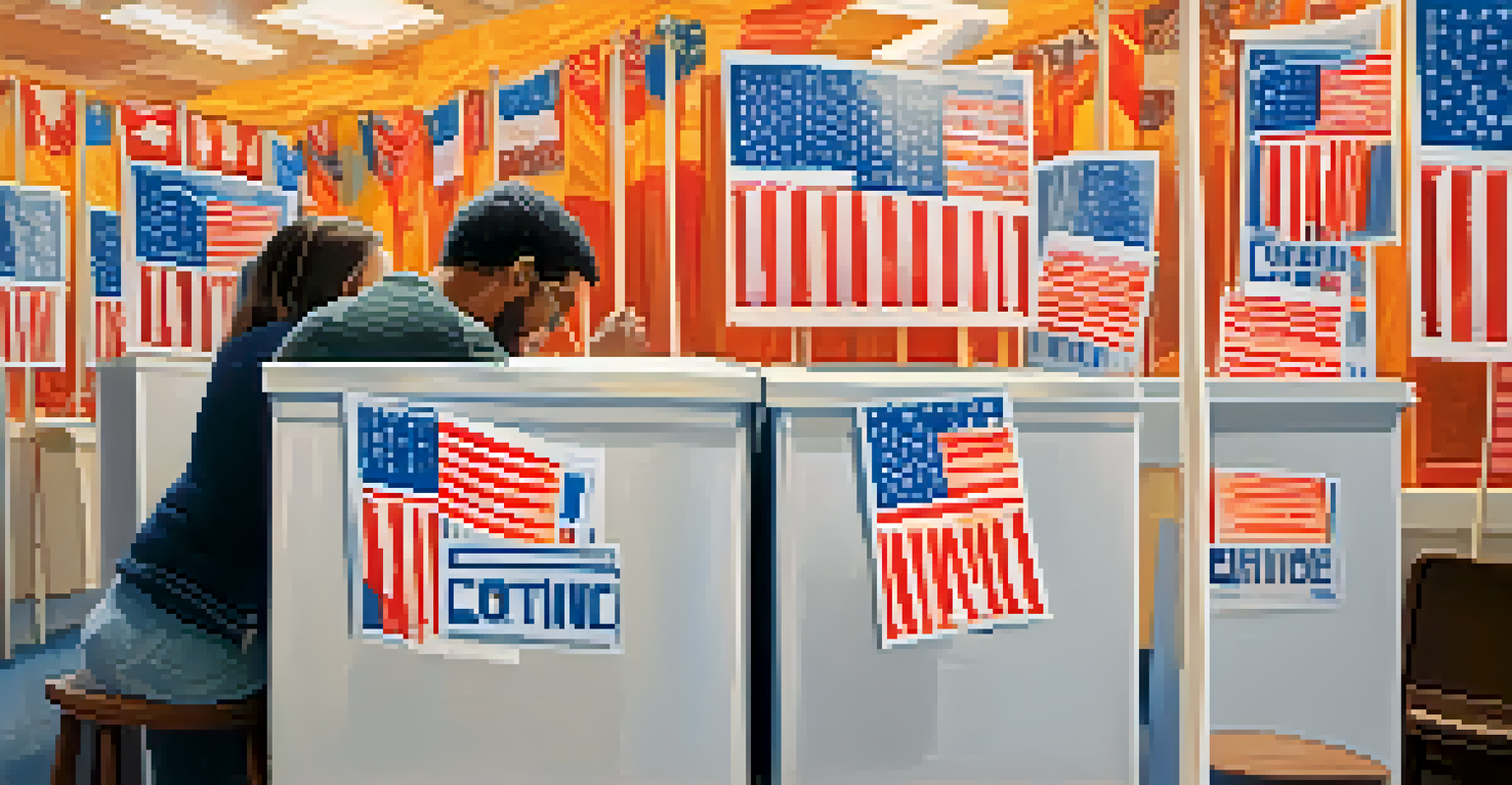 A close-up of a voter casting their ballot in a Texas polling station, with campaign posters in the background.