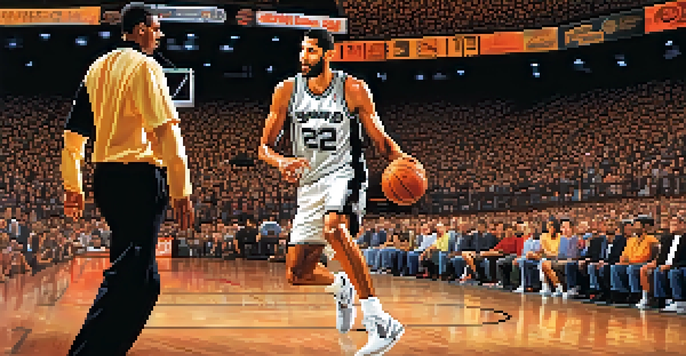 Tim Duncan performing a basketball move on court, surrounded by a cheering crowd, with sunset lighting creating dramatic shadows.
