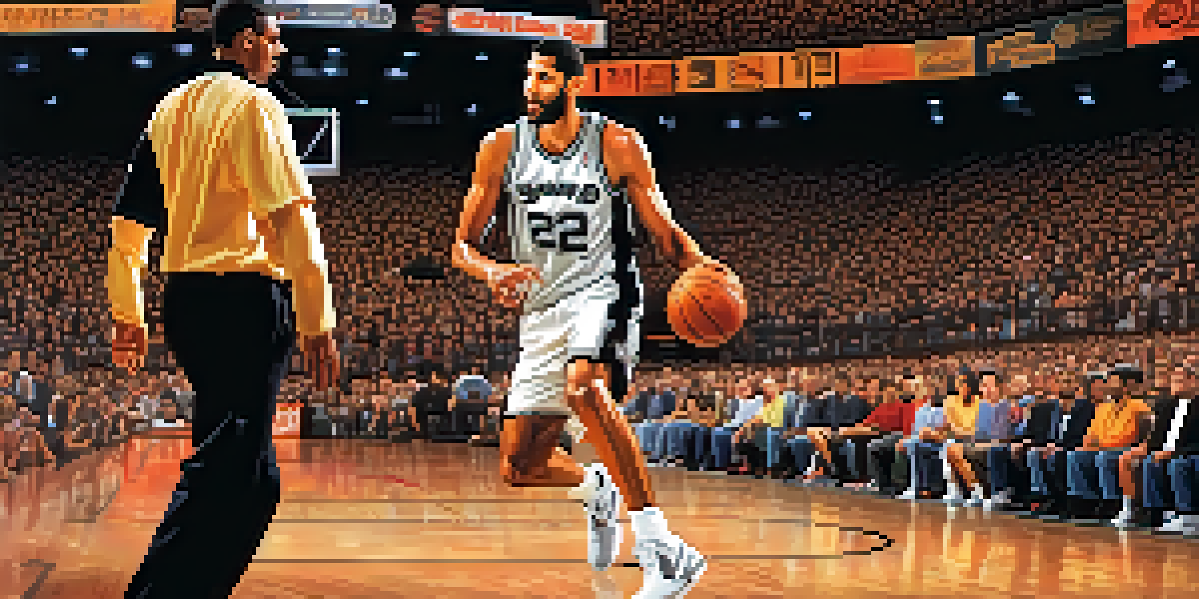 Tim Duncan performing a basketball move on court, surrounded by a cheering crowd, with sunset lighting creating dramatic shadows.