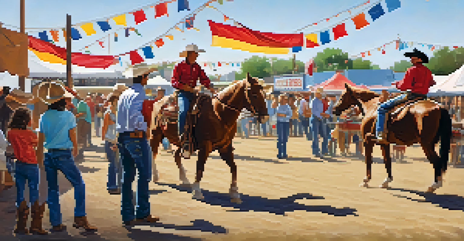 A lively fair scene featuring cowboys, families, and colorful banners at the West Texas Fair & Rodeo.