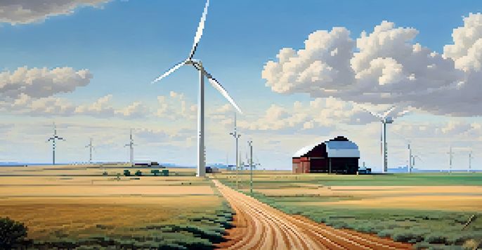 A scenic Texas landscape featuring hills, cotton fields, a dirt road, a wooden barn, grazing cattle, and wind turbines in the background.