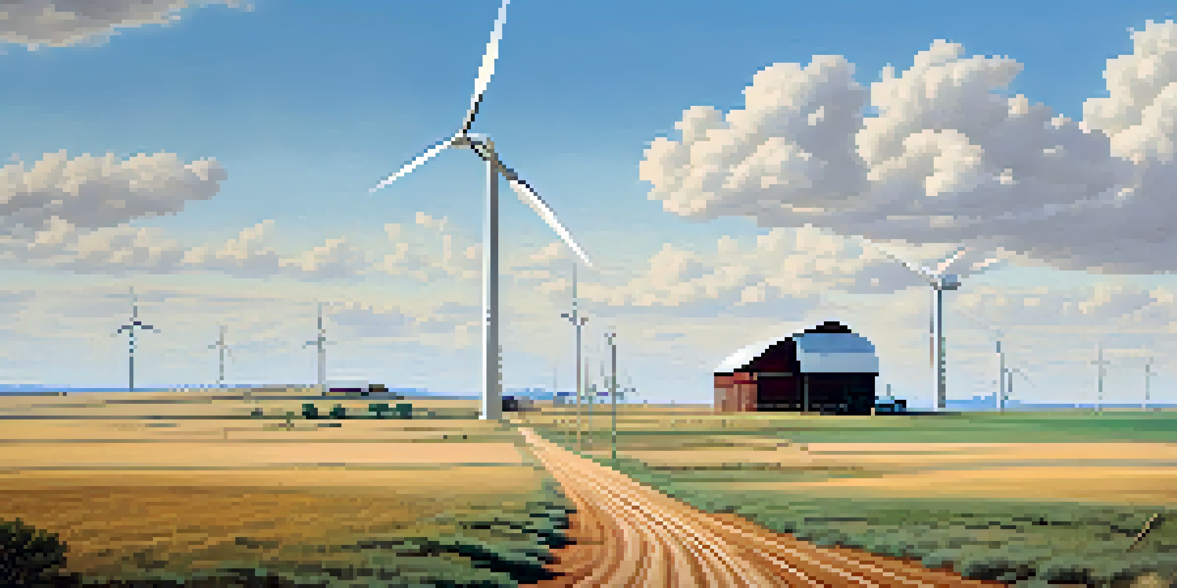 A scenic Texas landscape featuring hills, cotton fields, a dirt road, a wooden barn, grazing cattle, and wind turbines in the background.