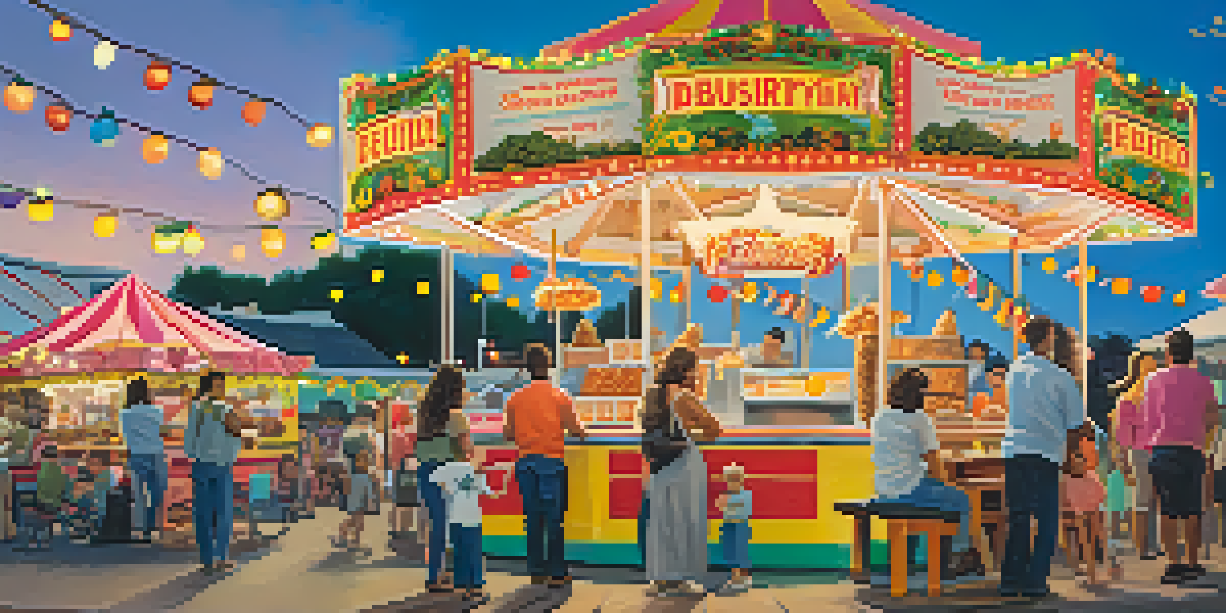 A lively Texas State Fair scene with families enjoying fried foods at a colorful food stall under a warm evening sky.