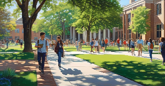 A vibrant university campus in Texas filled with diverse students enjoying a sunny day, featuring modern buildings and lush greenery.