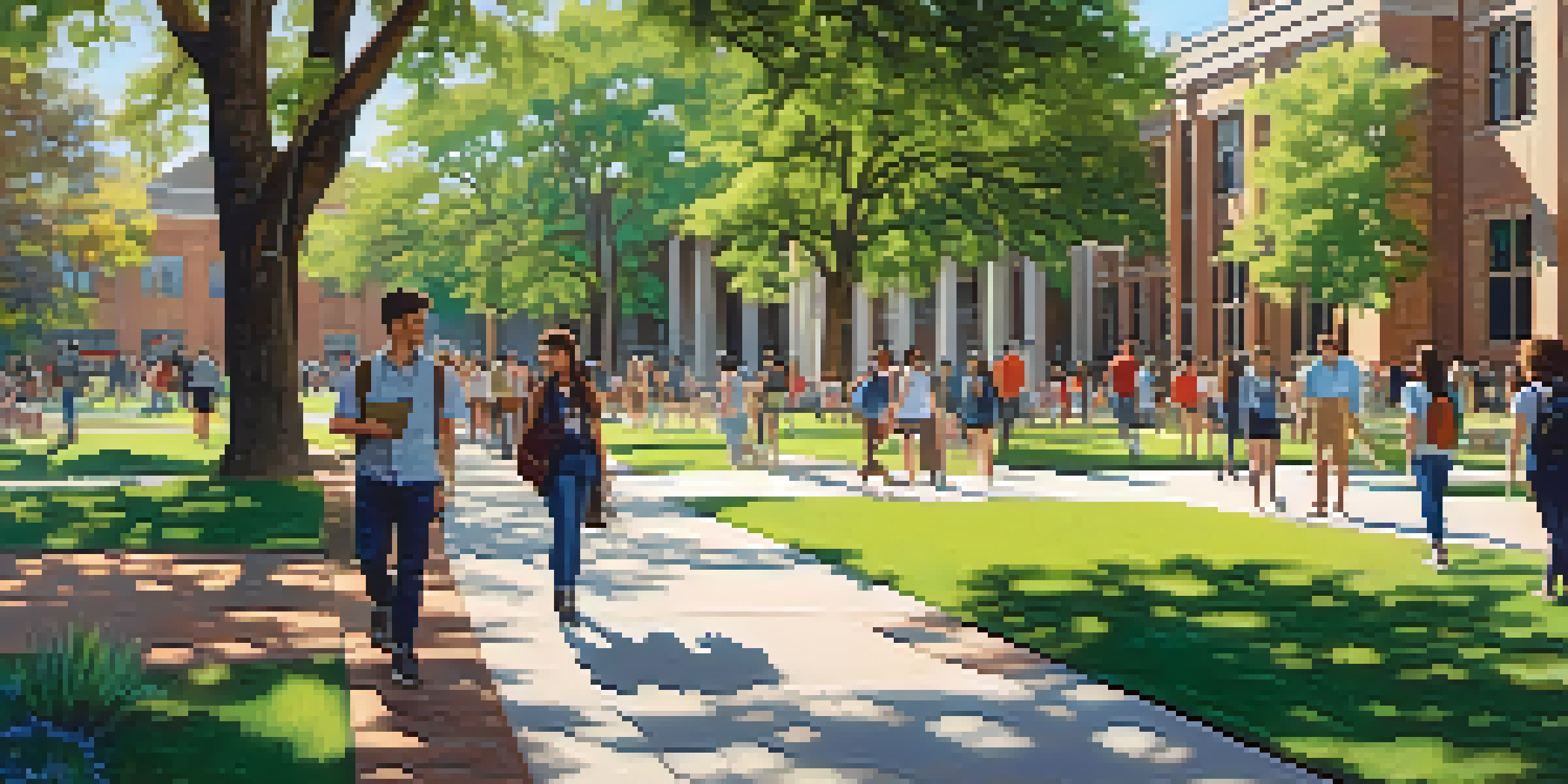 A vibrant university campus in Texas filled with diverse students enjoying a sunny day, featuring modern buildings and lush greenery.