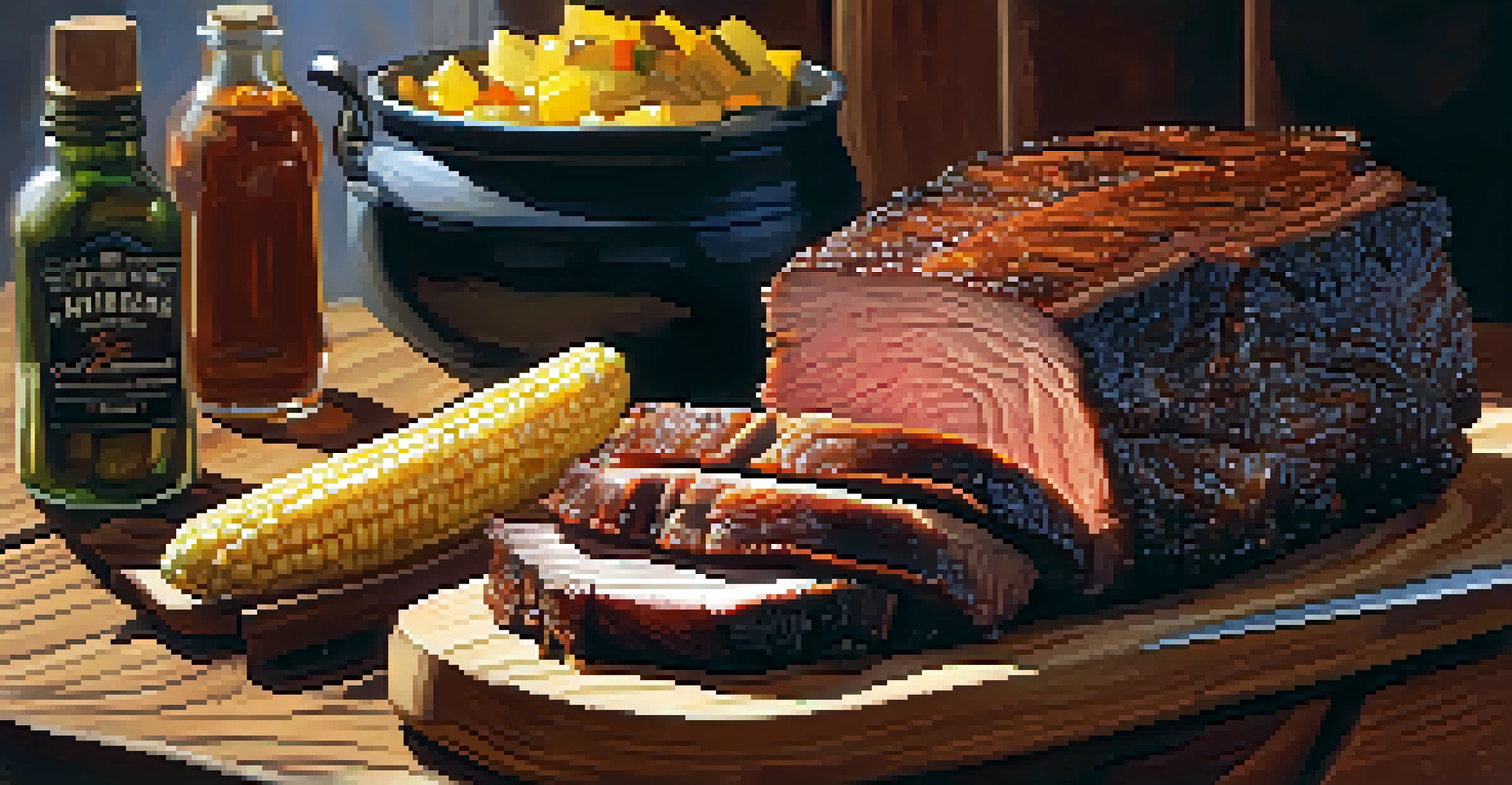 A close-up of a smoked Texas brisket on a cutting board with cornbread and pickles, illuminated by warm evening sunlight.