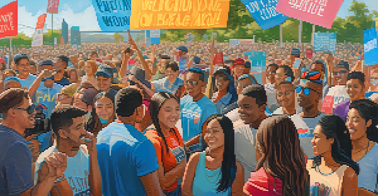 A lively modern political rally in Texas featuring young voters and a diverse crowd engaging with a candidate focused on social justice.