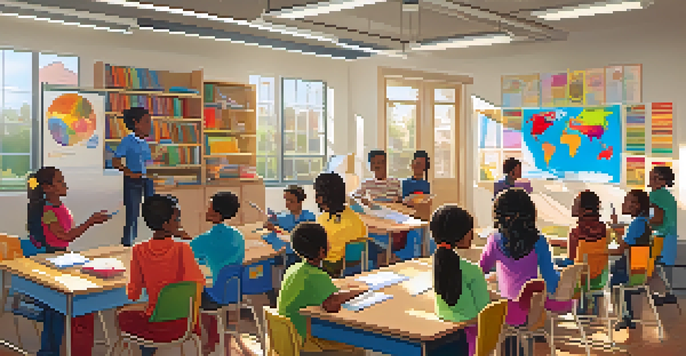 A lively classroom with diverse students collaborating at a round table, illuminated by sunlight.