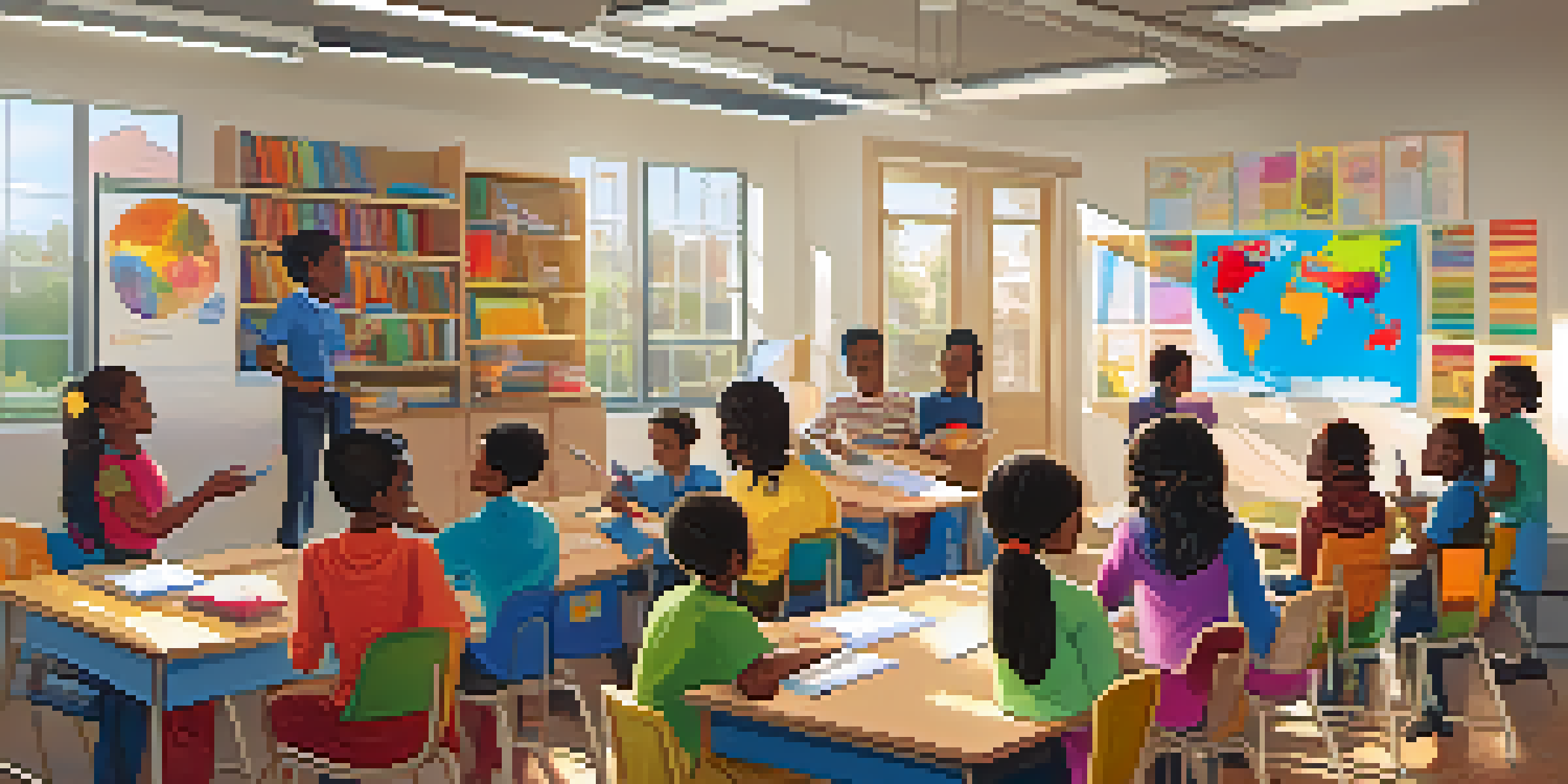 A lively classroom with diverse students collaborating at a round table, illuminated by sunlight.