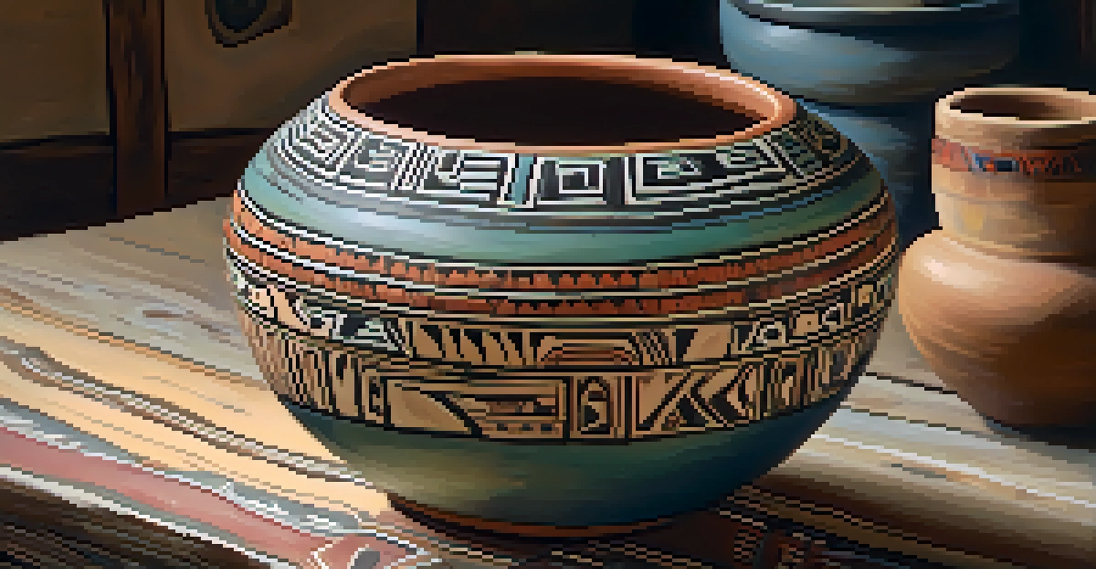 Intricately designed Native American pottery on a rustic wooden table, showcasing traditional patterns and symbols.