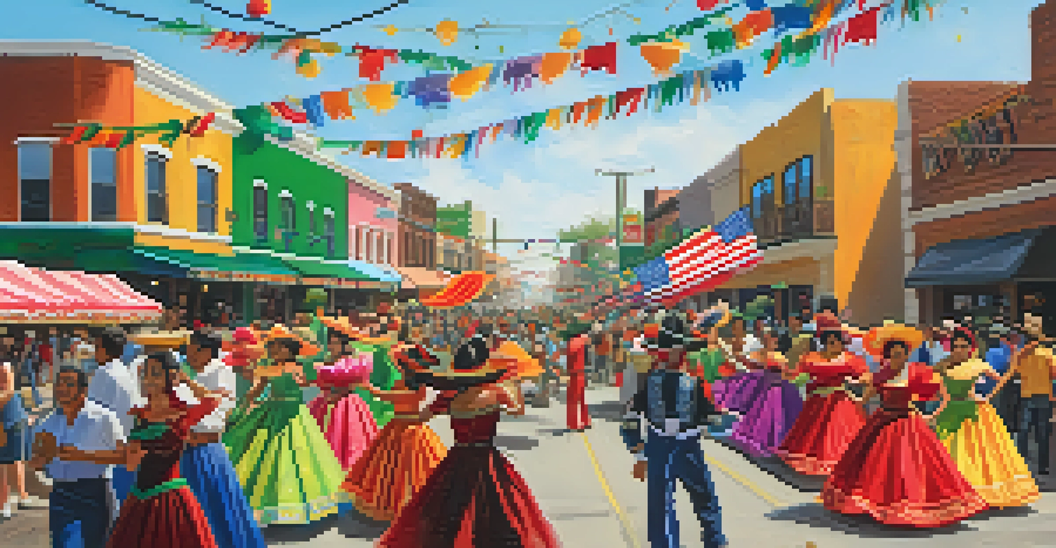 A vibrant Cinco de Mayo parade featuring traditional dancers, musicians, and food stalls, celebrating Mexican heritage.
