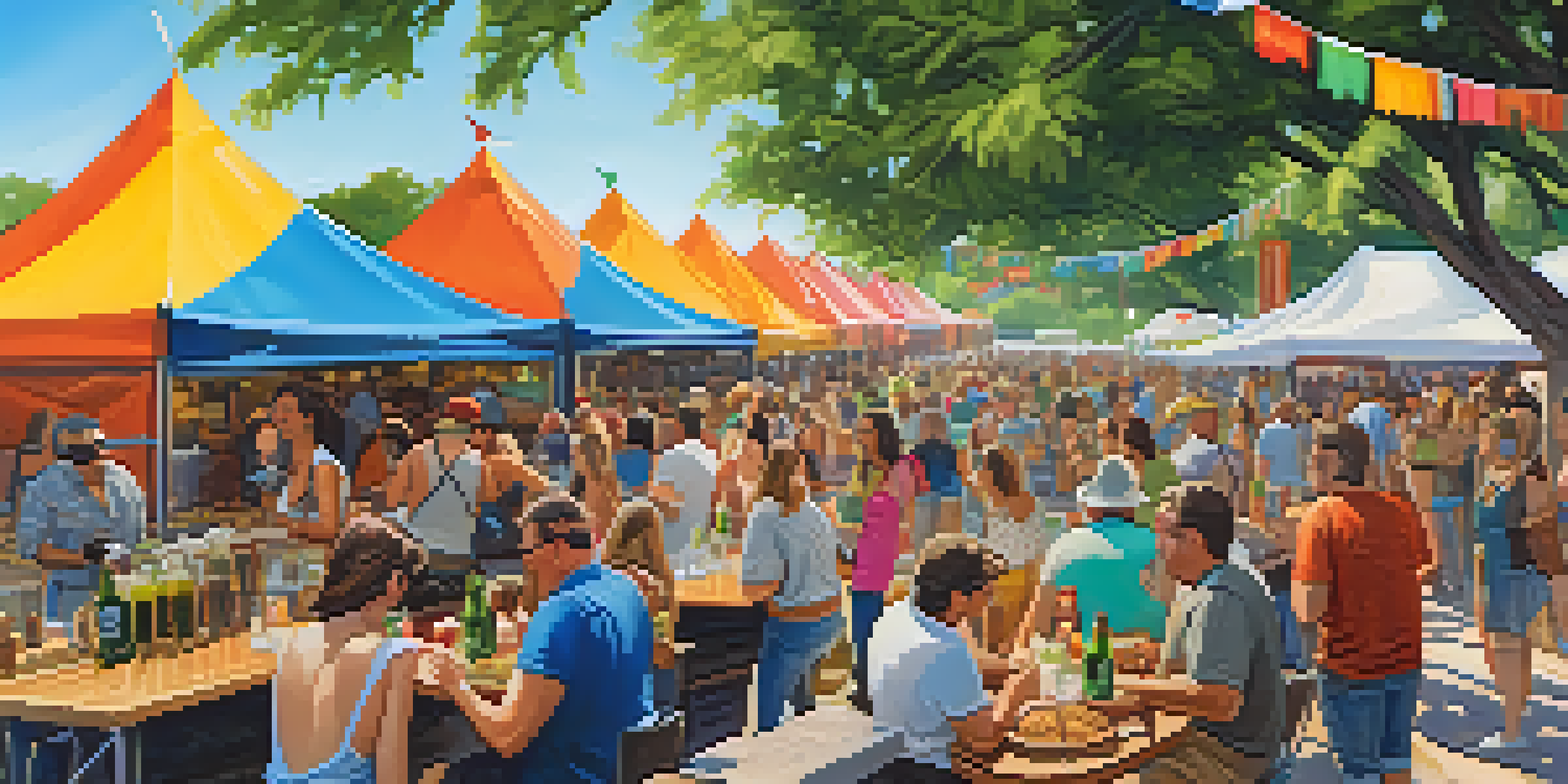 An outdoor craft beer festival in Texas with colorful tents and people enjoying beer tastings.