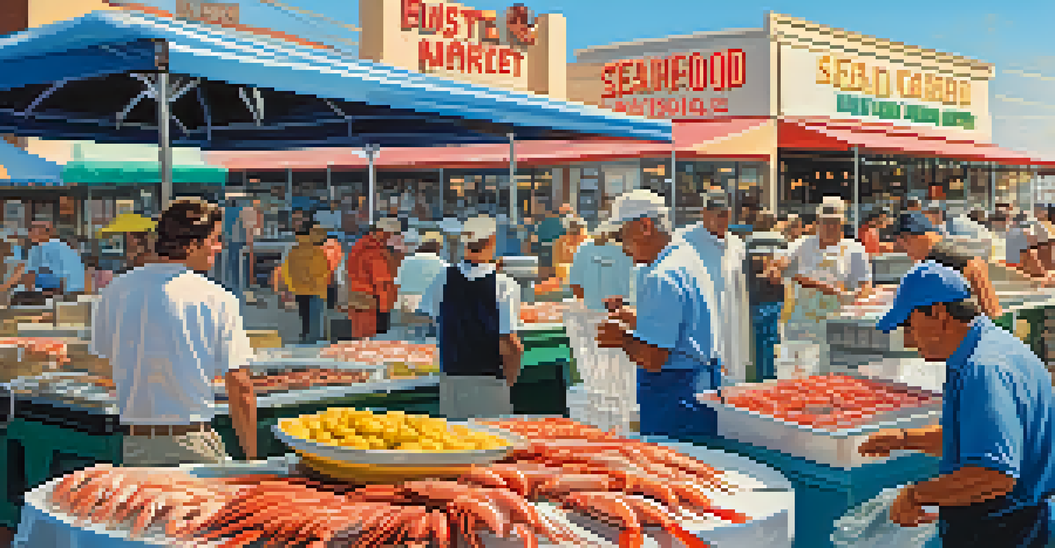 A vibrant Texas seafood market with fresh seafood on ice and lively customer interactions in a sunlit outdoor setting.