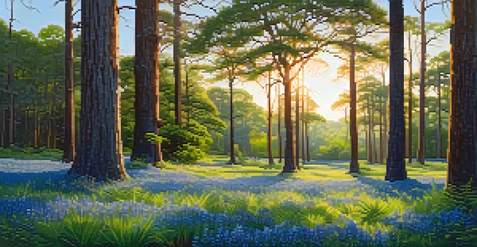 A tranquil Texas forest scene with sunlight filtering through tall pine and oak trees, illuminating a colorful undergrowth of bluebonnets and ferns.
