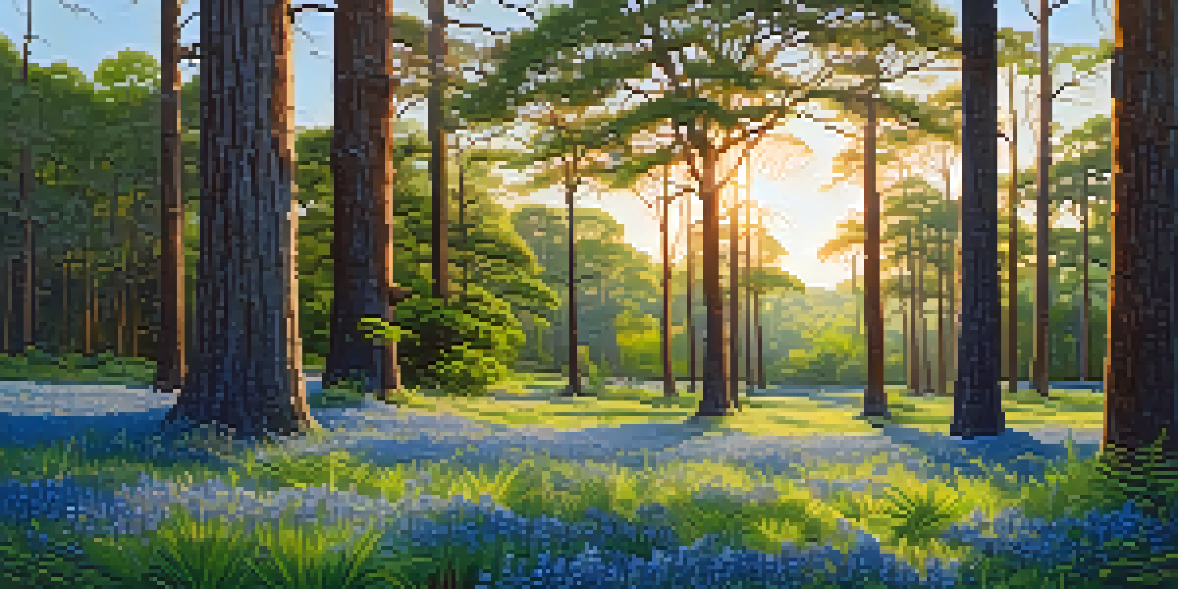 A tranquil Texas forest scene with sunlight filtering through tall pine and oak trees, illuminating a colorful undergrowth of bluebonnets and ferns.
