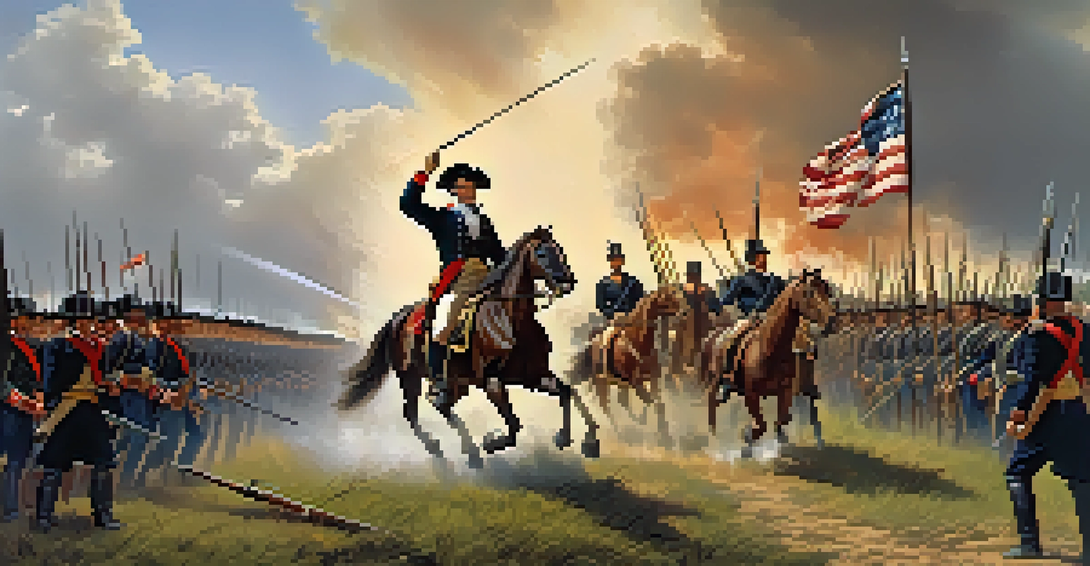Sam Houston leading the Texan army in a surprise attack at the Battle of San Jacinto, with soldiers and the Texan flag in a dynamic scene.