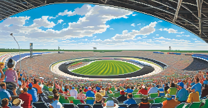 A wide-angle view of Texas Motor Speedway showcasing a NASCAR race with colorful cars, excited fans in the grandstands, and a bright blue sky.