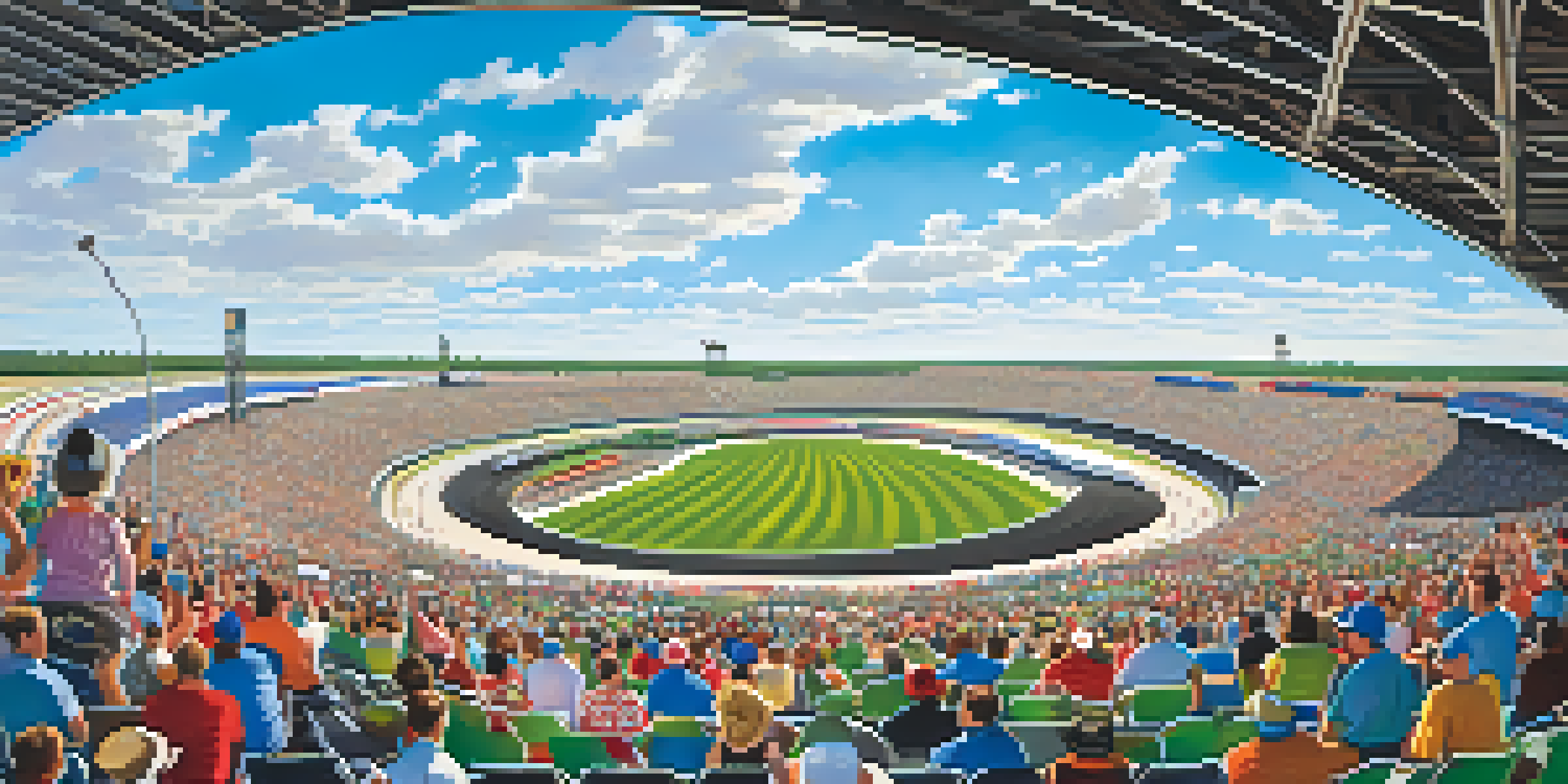 A wide-angle view of Texas Motor Speedway showcasing a NASCAR race with colorful cars, excited fans in the grandstands, and a bright blue sky.