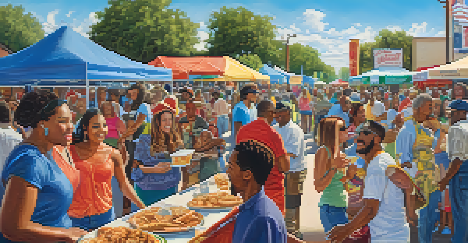 A community gathering at a Texas soul food festival with people enjoying dishes and colorful food stalls under a bright sky.