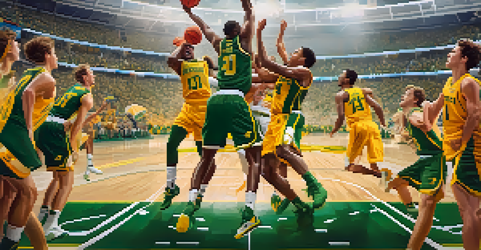 Baylor Bears basketball players in action during a game, with fans enthusiastically supporting from the stands.