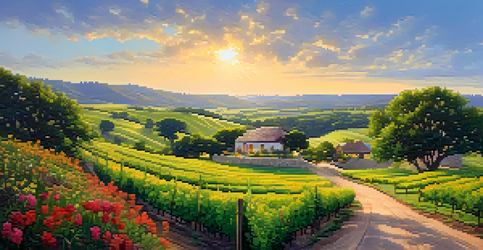 A scenic view of the Texas Hill Country with rolling hills covered in colorful wildflowers, a dirt road, and a farmhouse under a clear blue sky.