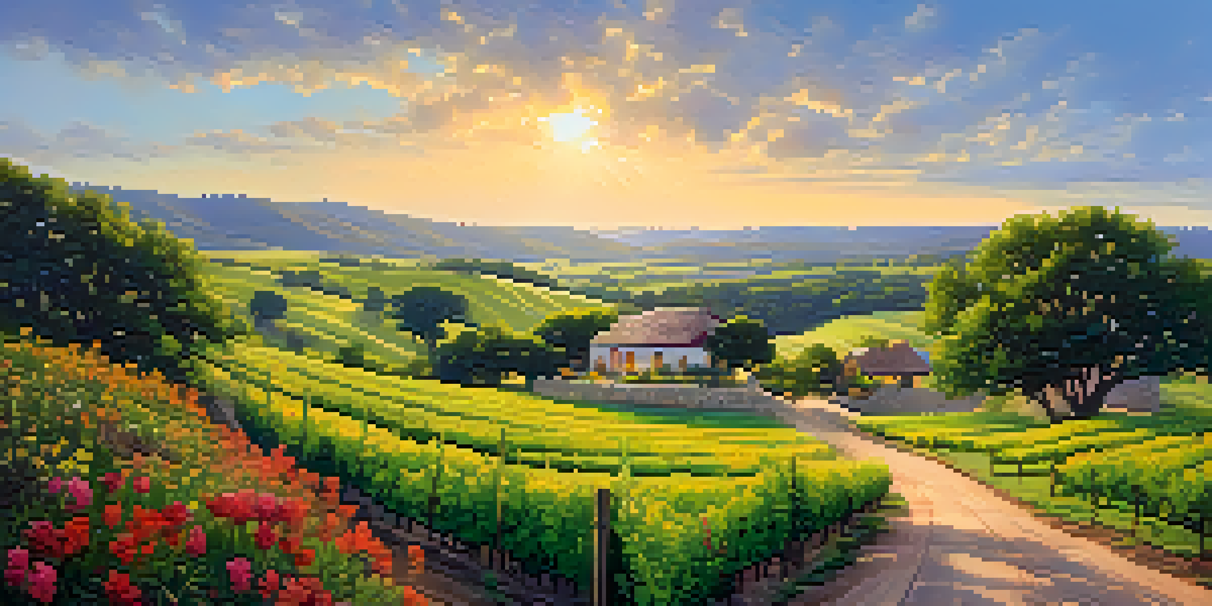A scenic view of the Texas Hill Country with rolling hills covered in colorful wildflowers, a dirt road, and a farmhouse under a clear blue sky.