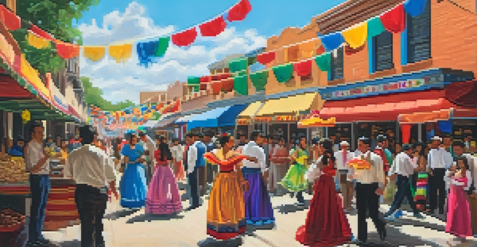A lively Cinco de Mayo festival in Texas with colorful decorations, traditional clothing, and food stalls under a blue sky.