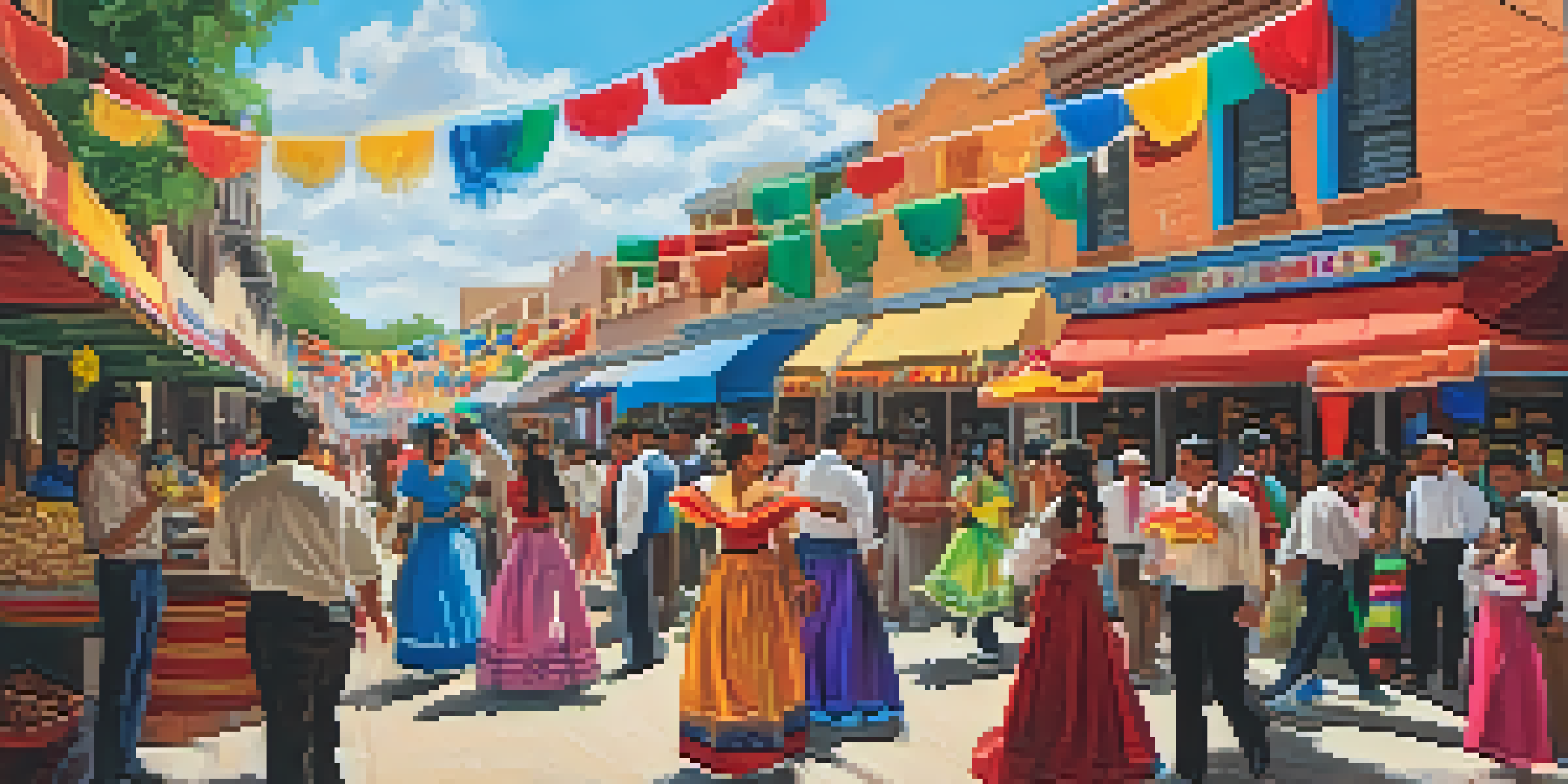 A lively Cinco de Mayo festival in Texas with colorful decorations, traditional clothing, and food stalls under a blue sky.