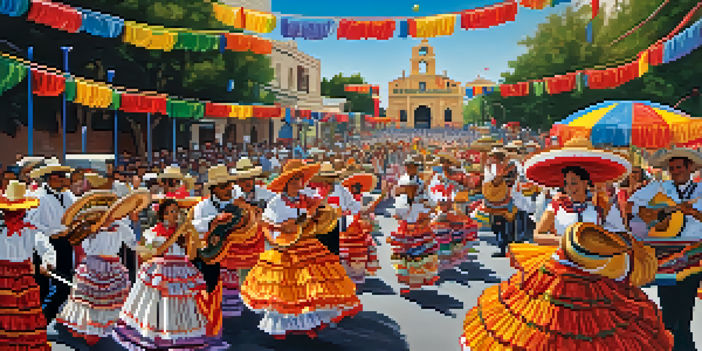 A lively Fiesta San Antonio parade featuring colorful decorations, traditional attire, and mariachi bands under a clear blue sky.